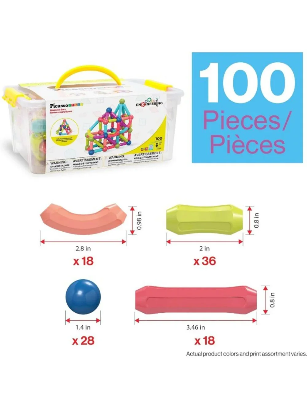 Colorful 100-Piece Magnetic Building Blocks Set with Storage Bin - STEM